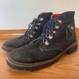 MonteSol Rare Vintage Suede Lace Up Ankle Boots Shoes Navy Red Womens 10